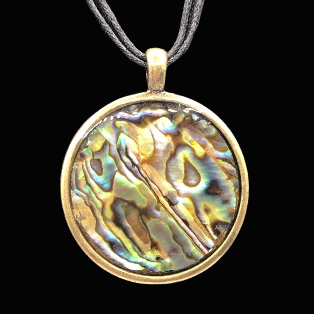 Colorful abalone pendant brass tone setting adjustable multi-strand cord